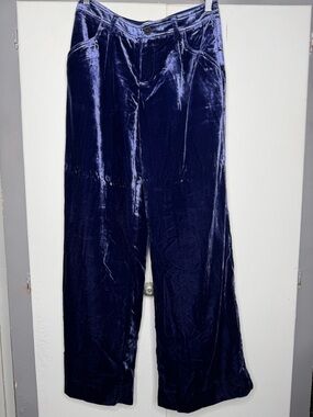 Anthropologie Maeve Avery Blue Velvet Velour Wide-Leg Pants Trouser Size 0